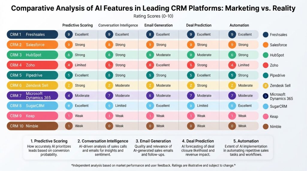 AI features comparison across CRM platforms — radar chart showing capability ratings