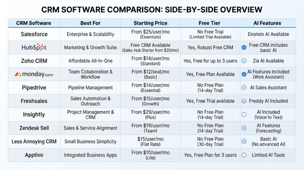 CRM software comparison table — 10 CRMs compared on key features and pricing