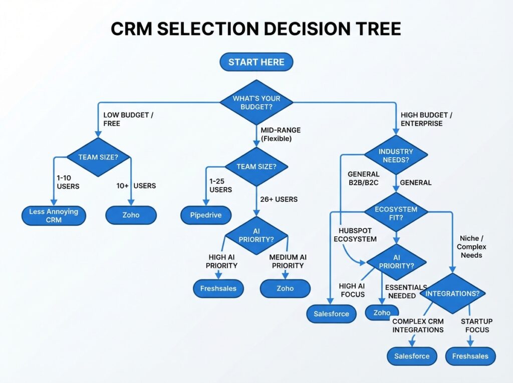 CRM selection decision tree flowchart — step-by-step guide to choosing the right CRM