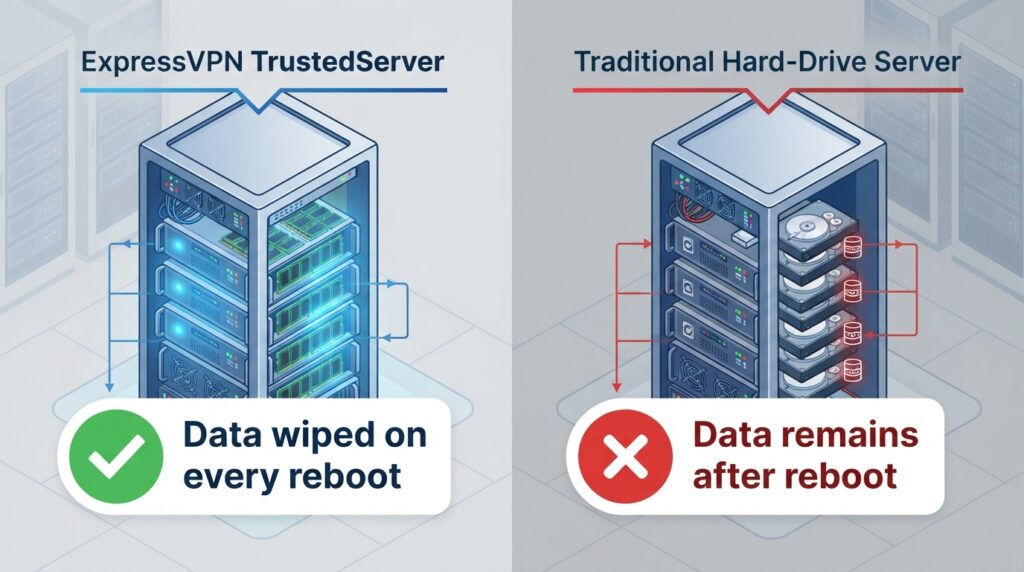 Diagram comparing ExpressVPN's TrustedServer RAM-only architecture with a traditional hard-drive based server, showing data wiped on reboot.