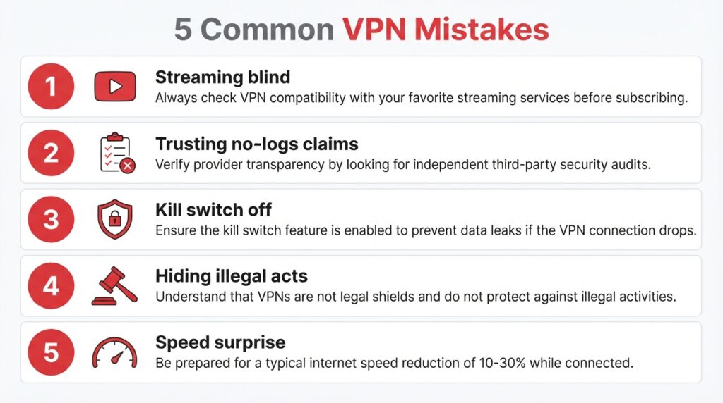 Infographic of five common VPN mistakes with red cross icons and short corrective tips.