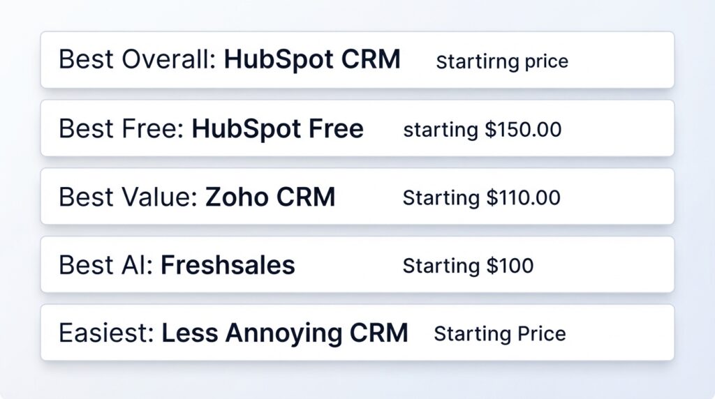 Quick picks summary card — best CRM software recommendations with prices