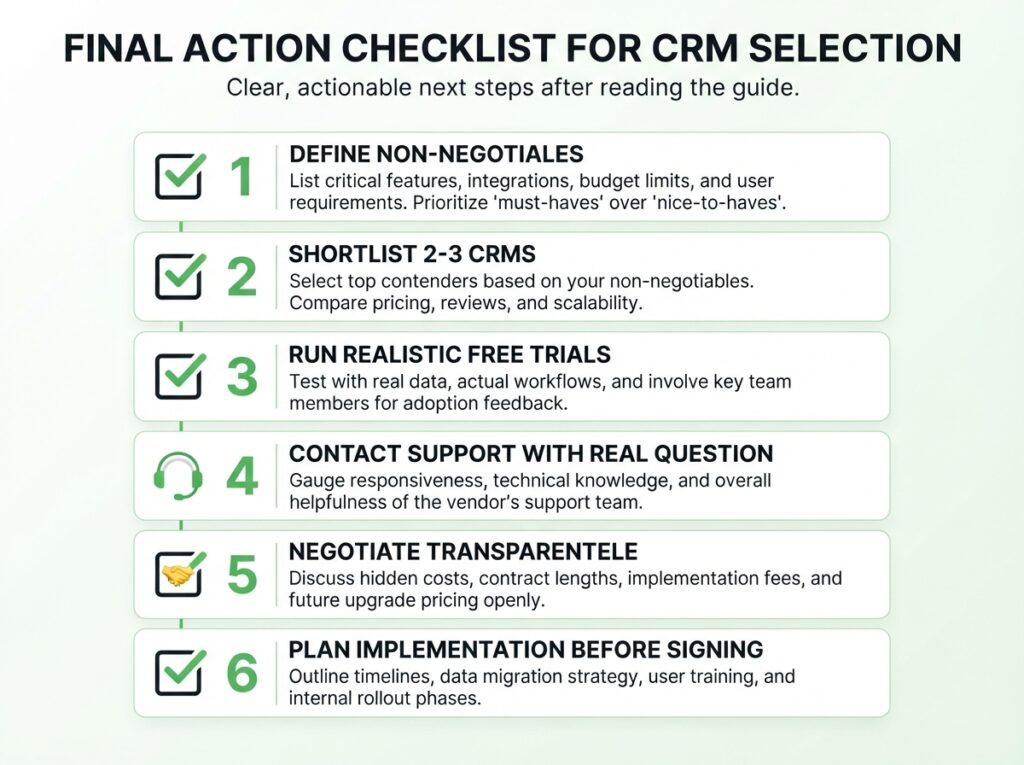 CRM selection checklist infographic — final action steps for choosing CRM software