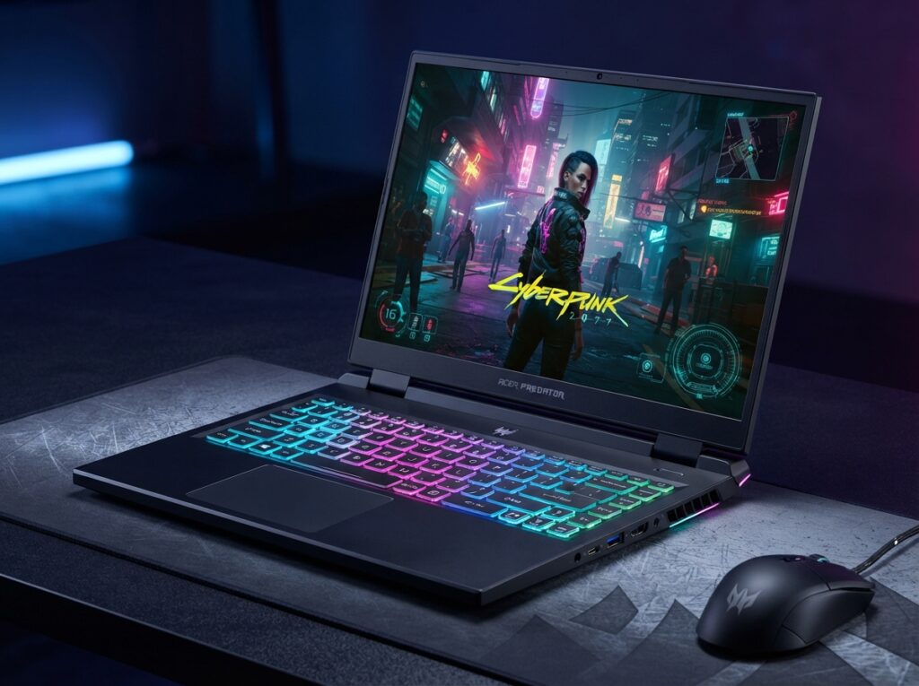 Acer Predator Helios 16 gaming laptop with RGB keyboard and large display.
