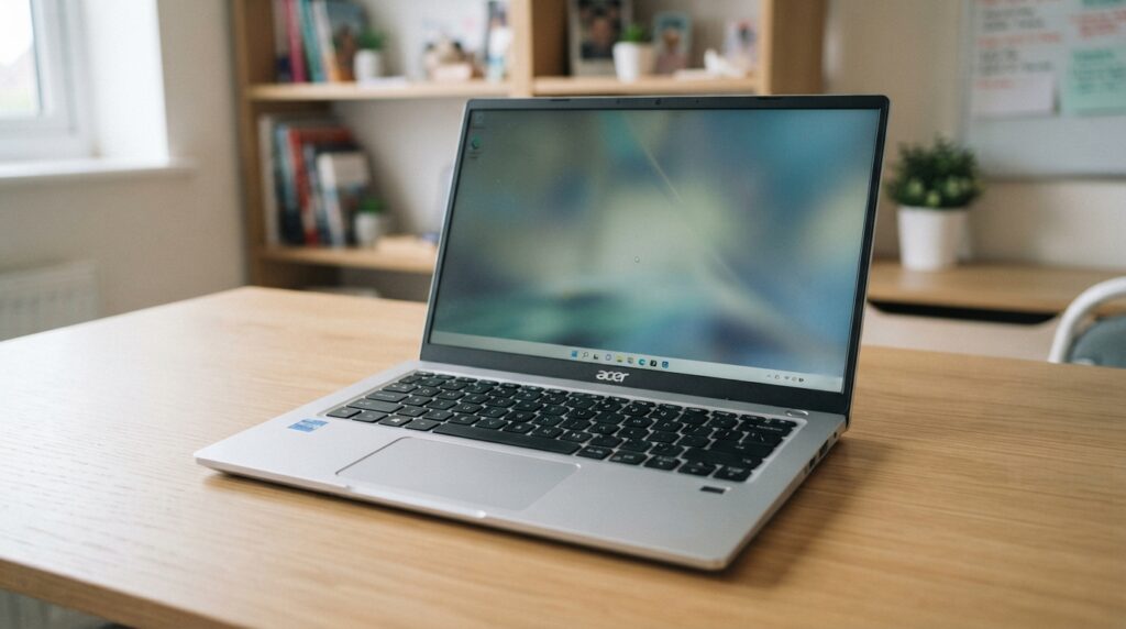 Acer Swift Go 14 laptop open on a desk.