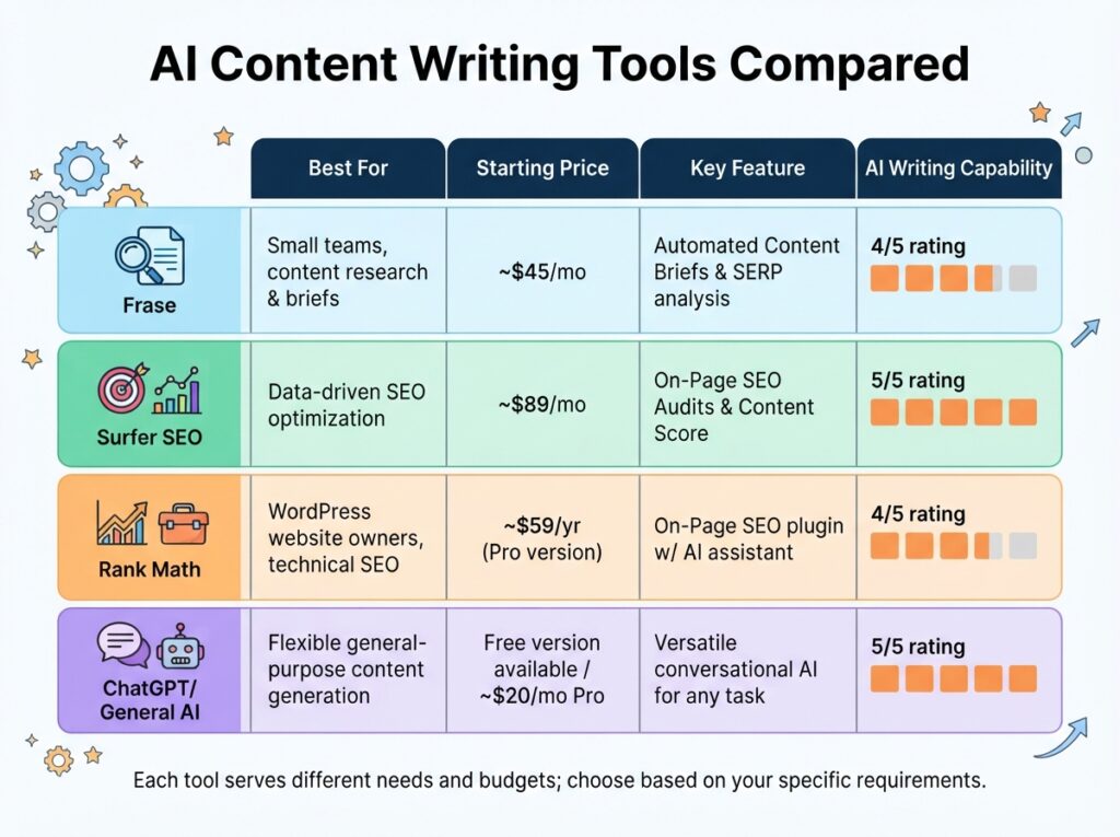 AI content writing for SEO small business tools comparison showing Frase, Surfer SEO, Jasper and others with features and pricing