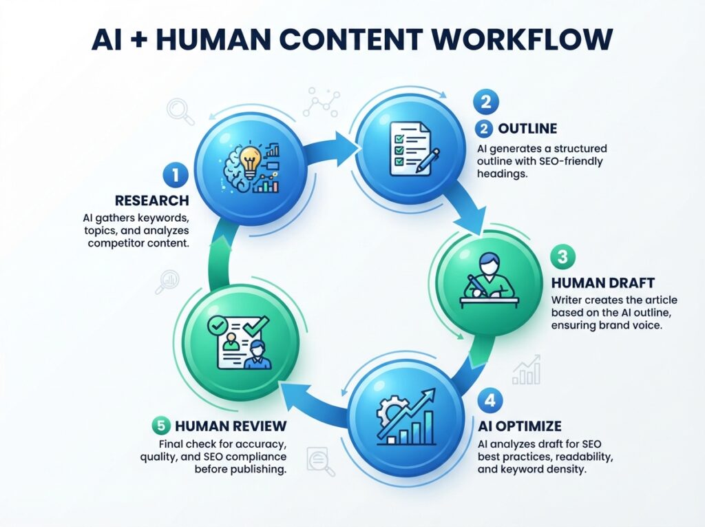 AI content writing for SEO small business workflow diagram showing research, outline, draft, optimize, and review stages