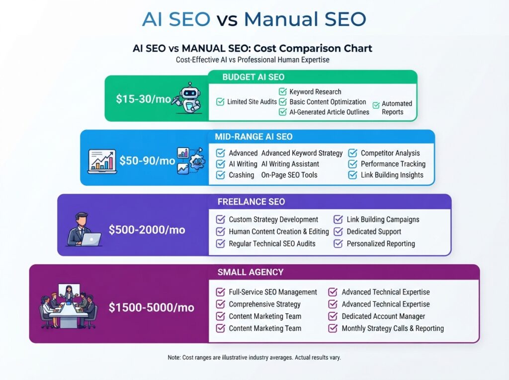 AI SEO vs manual SEO cost comparison chart showing monthly expenses for tools, freelancers, and agencies