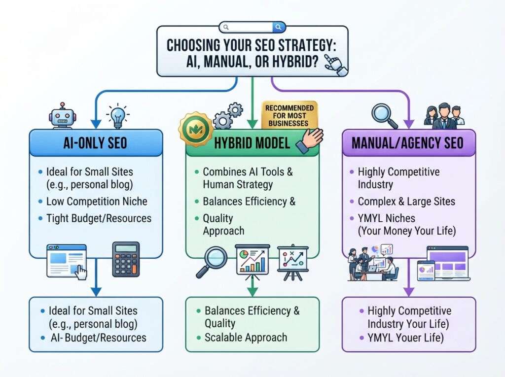 AI SEO vs manual SEO decision framework flowchart showing when to use AI tools versus human expertise
