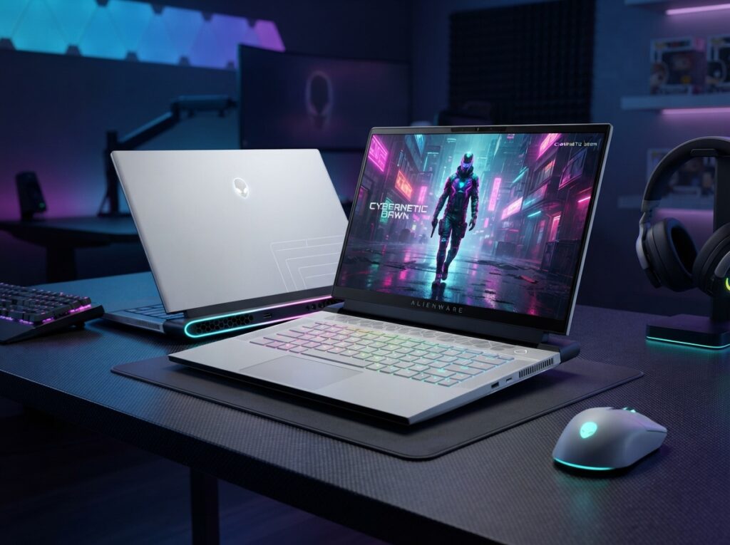 Alienware x16 R2 gaming laptop showing distinctive sci-fi design and RGB lighting.