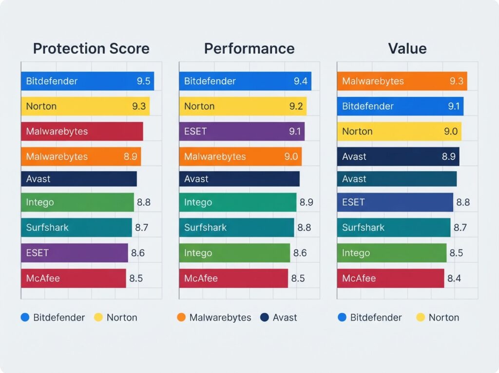 "Bar chart comparing protection, performance, and value for top antivirus products"