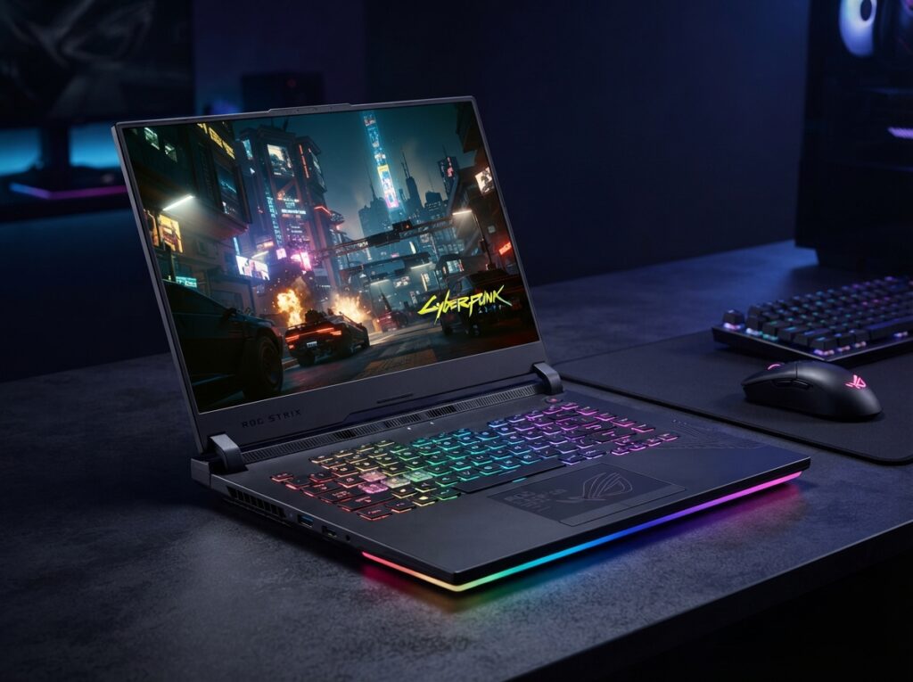 ASUS ROG Strix Scar 16 gaming laptop showing Mini-LED display and RGB lighting.