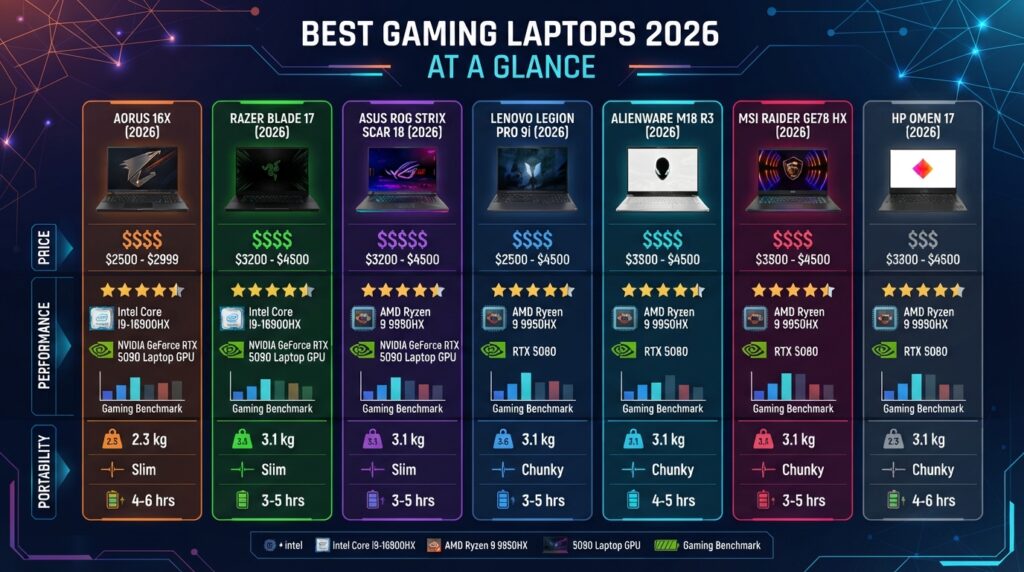 Comparison chart of the best gaming laptops comparing price, performance, and portability.