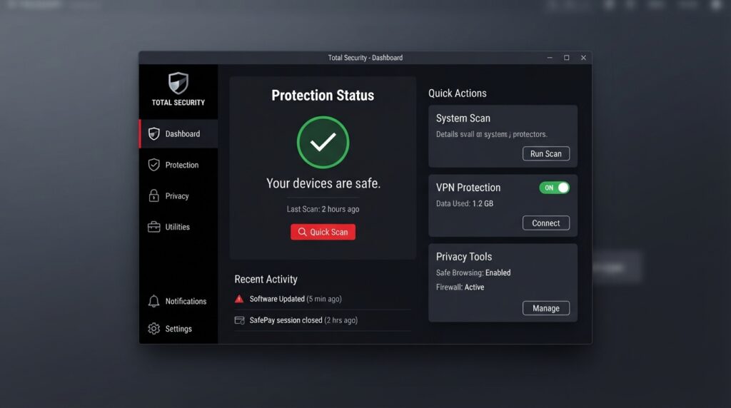 "Bitdefender Total Security dashboard showing protection status and tools"