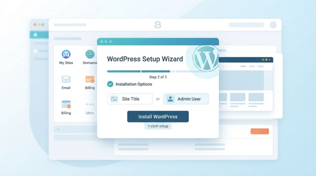 Cnceptual illustratio of Bluehost-style setup screen.