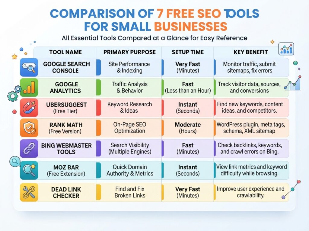Free SEO tools for small business comparison table showing features, setup time, and value of each tool