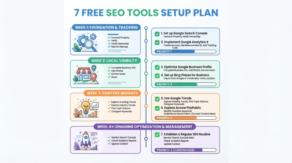 Free SEO tools for small business setup checklist infographic with step-by-step instructions and priority order