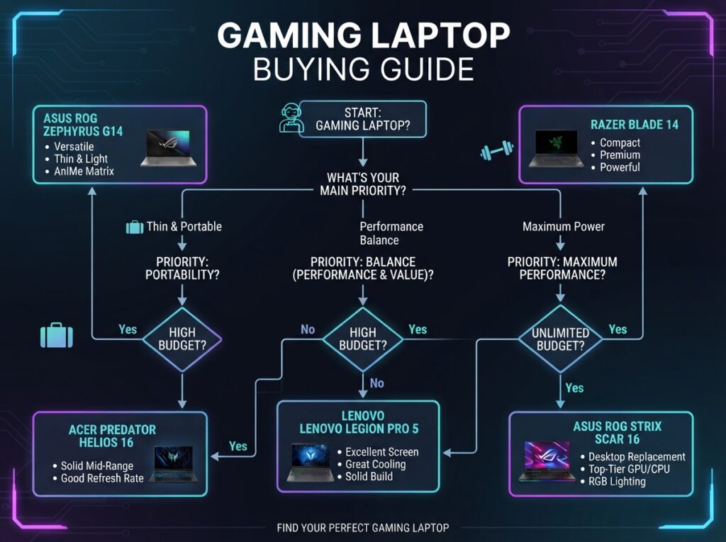 Flowchart showing how to choose a gaming laptop based on budget, portability, and performance needs.