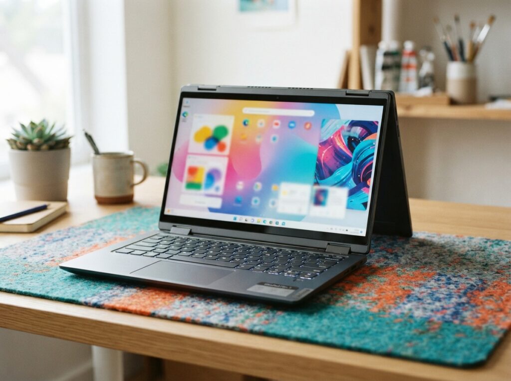Lenovo IdeaPad Flex 5 in tent mode showing touchscreen.