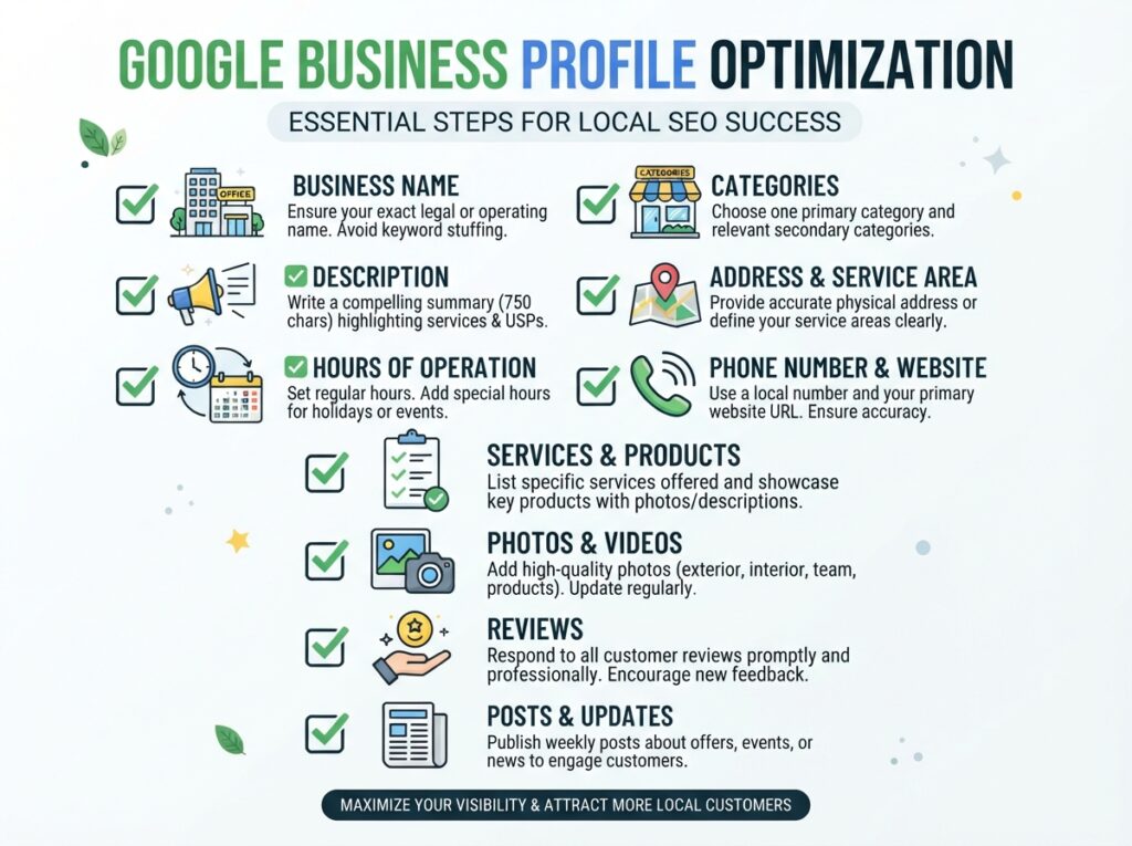 Local SEO for small businesses Google Business Profile optimization checklist showing all fields to complete for maximum visibility