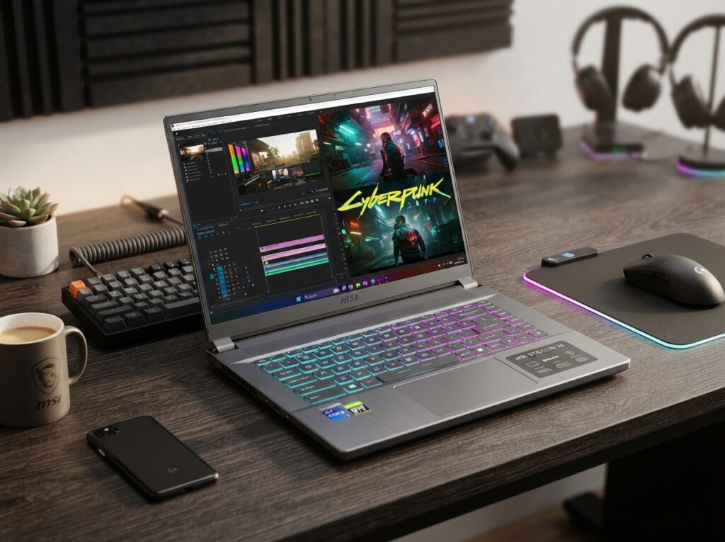 MSI Stealth 16 laptop showing slim design and OLED display on a professional desk.