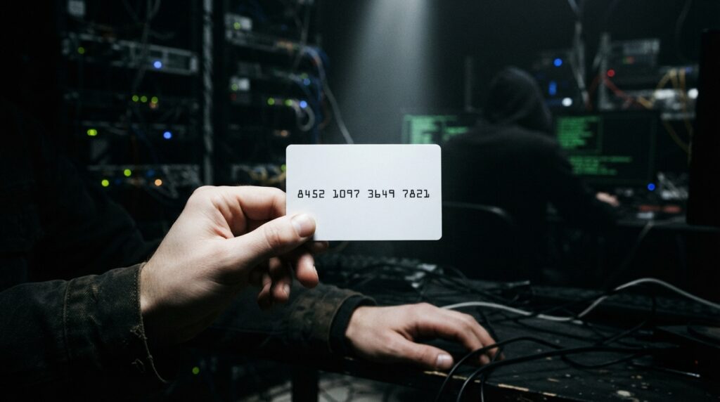 Conceptual illustration of Mullvad’s anonymous account number card with no personal information, symbolizing true privacy.