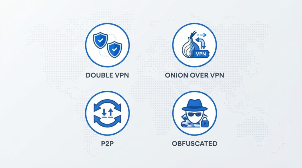 Infographic of NordVPN specialty servers: Double VPN, Onion over VPN, P2P, and Obfuscated servers with icons.