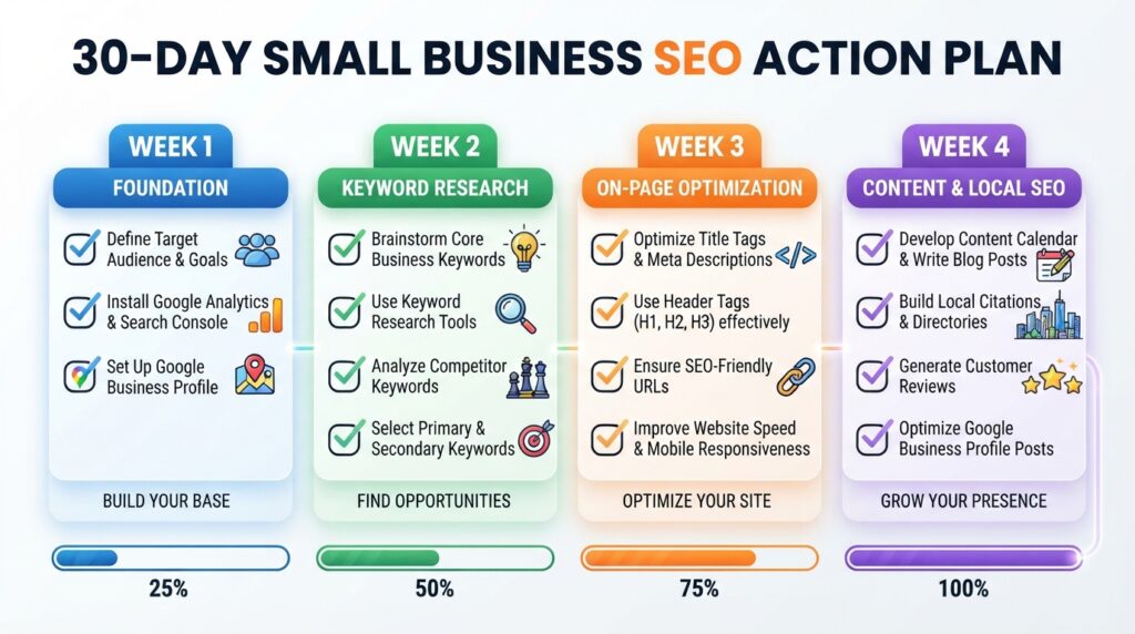 Small business SEO guide 2026 checklist infographic with 30-day action plan and prioritized tasks