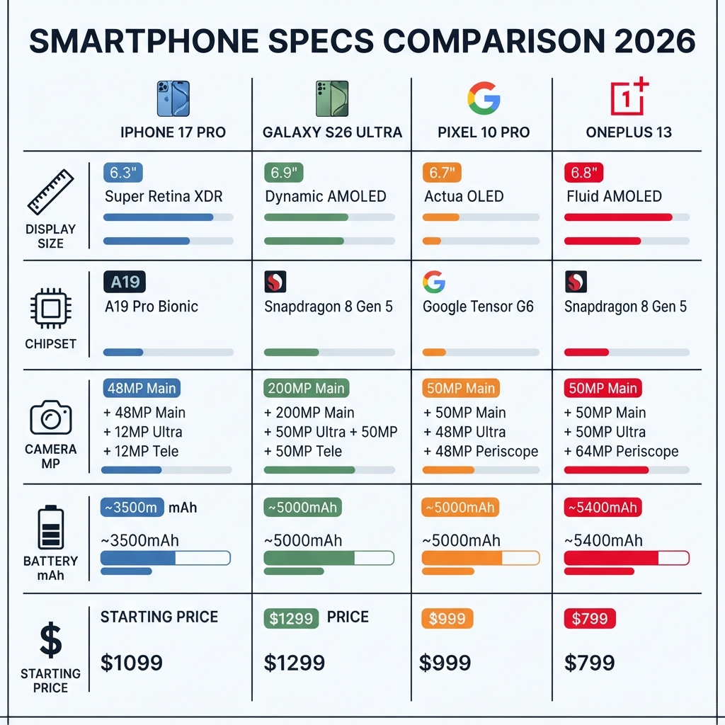 “Specification comparison chart of top 2026 smartphones”