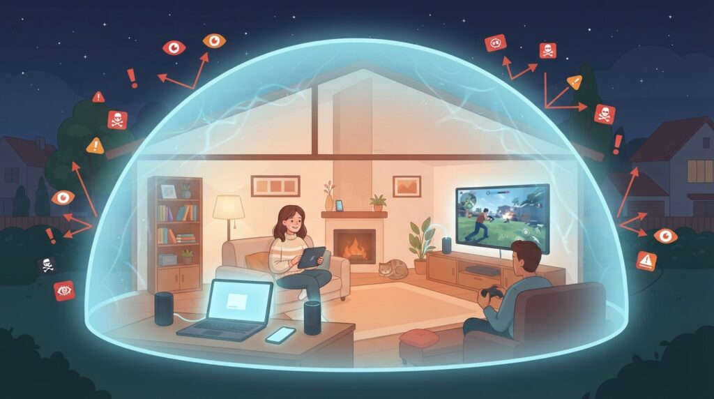 Conceptual graphic showing a home full of devices all connected to one Surfshark account with a protective dome.