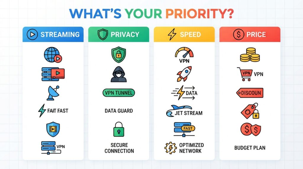 Infographic showing a decision cheat sheet with icons for Streaming, Privacy, Speed, and Price to quickly match user needs to VPN features.
