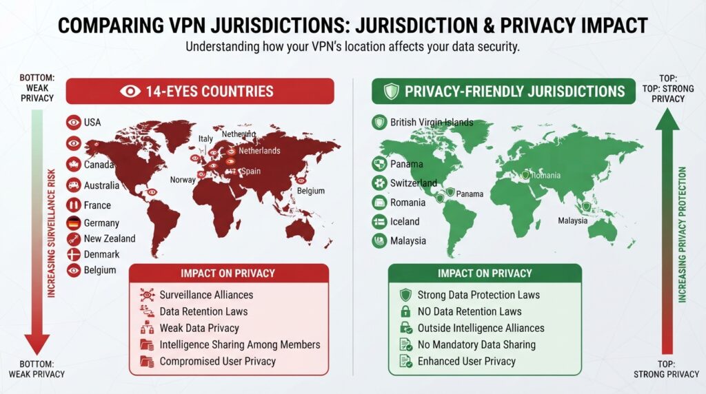 Infographic comparing 14-Eyes alliance countries with privacy-friendly VPN jurisdictions like Switzerland and Panama.