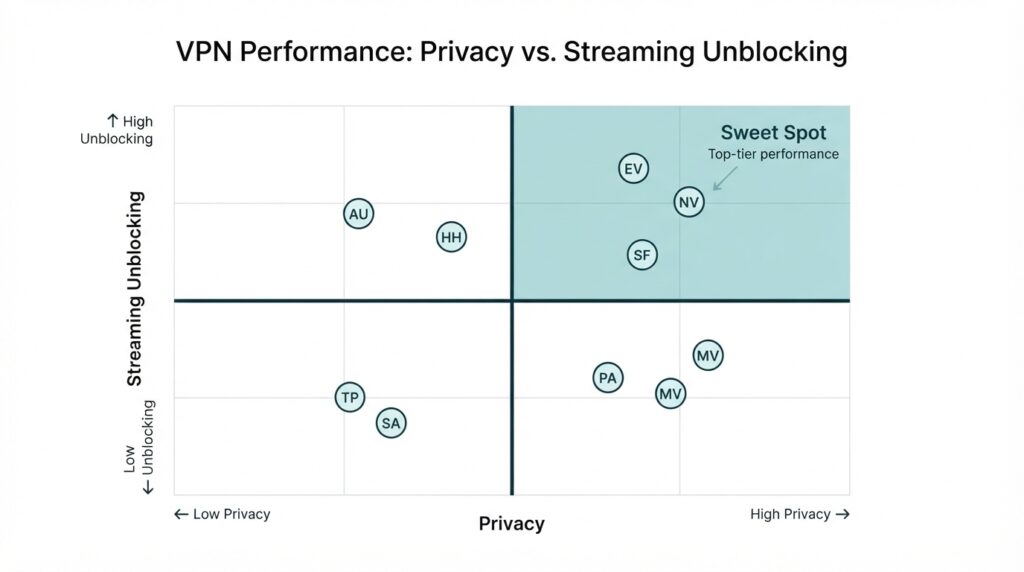 Quadrant chart plotting streaming success against privacy features, showing each VPN’s position.