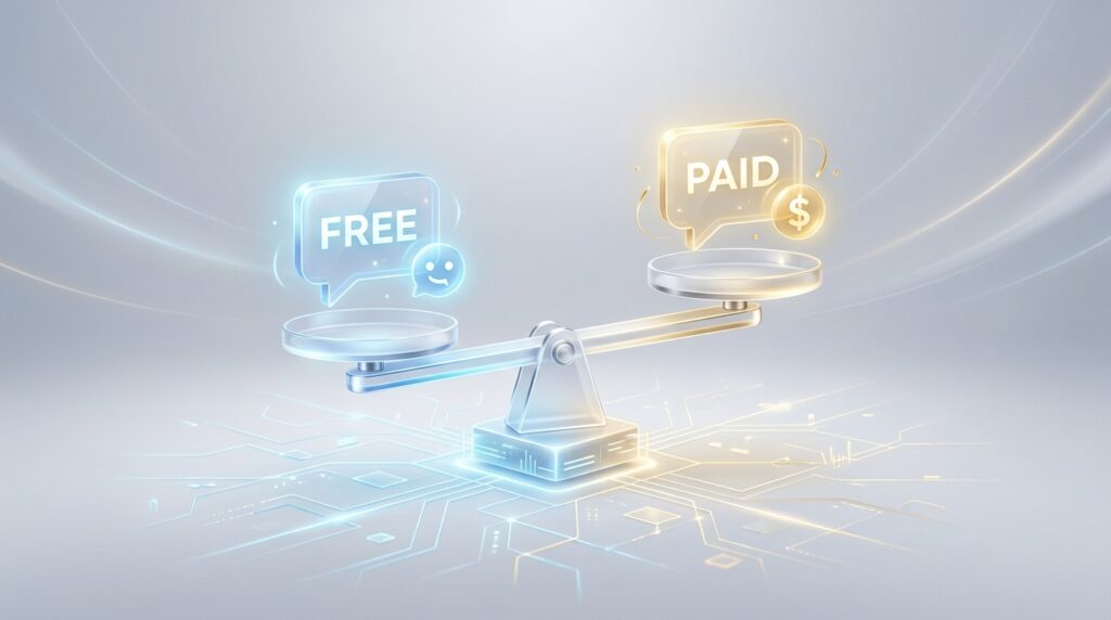 Free vs Paid AI Chatbots 2026: Which Is Worth Your Money? Balancing scale weighing free and paid AI chatbot options with dollar signs and chat bubbles