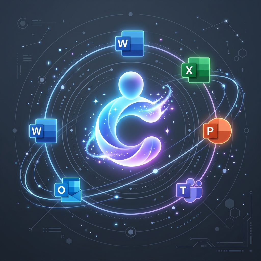 Abstract digital assistant with Office icons.