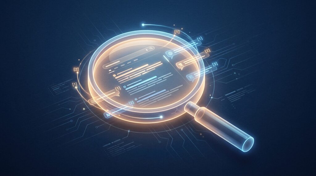 Magnifying glass with glowing search results and citation numbers representing Perplexity AI research capabilities