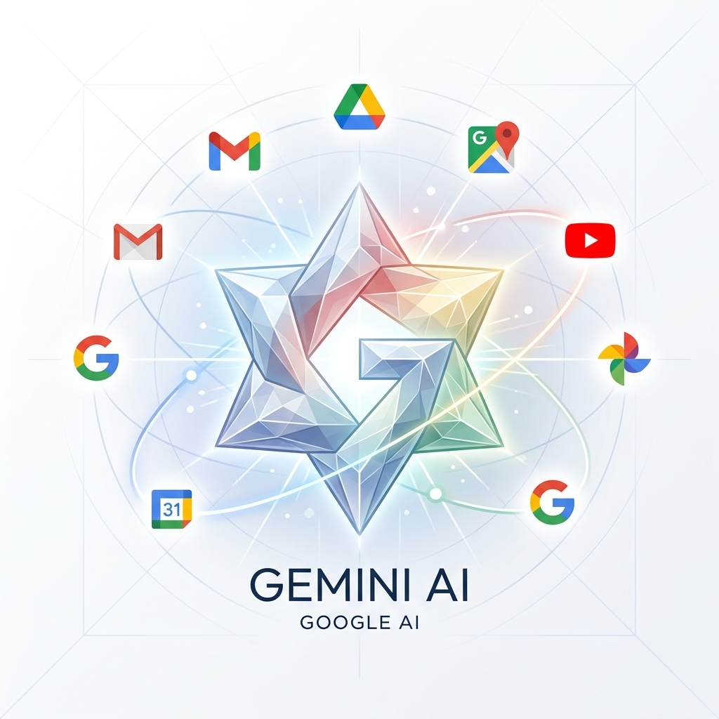 Geometric gem shape with Google app icons...
