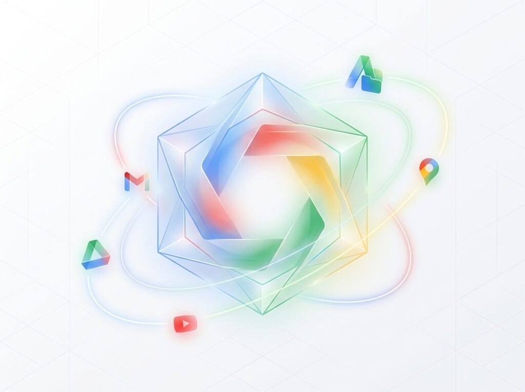 Google Gemini Review 2026: Full Specs, Pros, Cons & Pricing Geometric gem shape with orbiting app icons representing Google Gemini's ecosystem integration