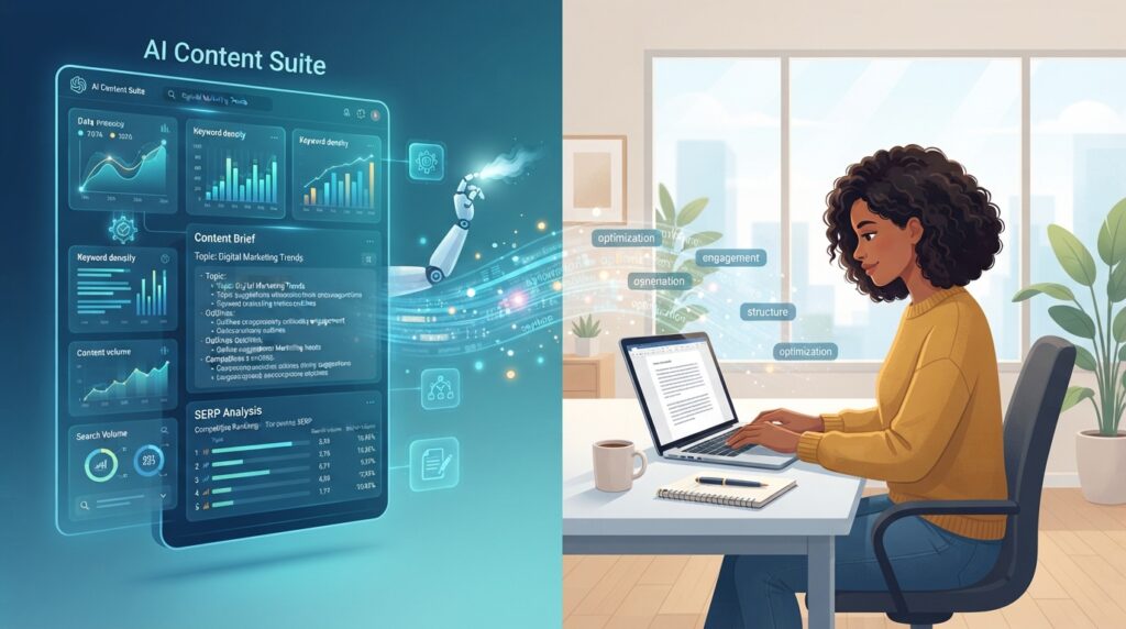 AI content writing for SEO small business featured image showing AI interface and human writer collaborating on content