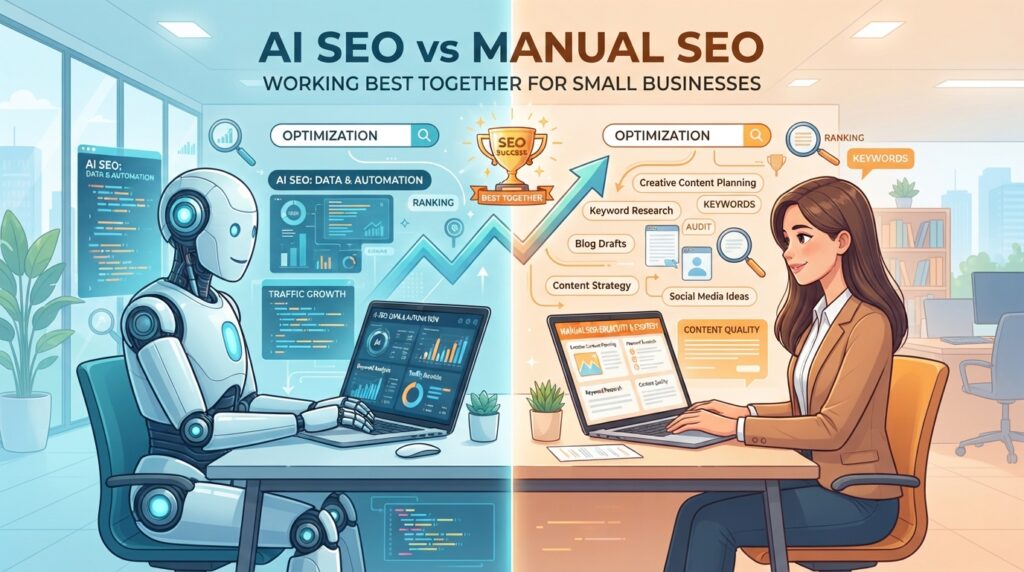 AI SEO vs manual SEO comparison featured image showing robot and human working on SEO side by side