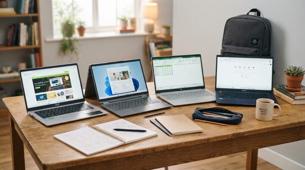 7 Best Gaming Laptops in 2026: Top Picks for Performance & Portability Best budget laptops in 2026 arranged on a student desk.