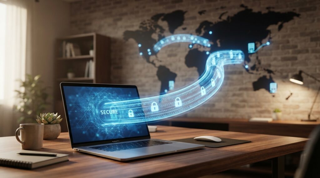 Best VPN Services in 2026: Tested by Research, Not by Hype Conceptual illustration of a secure VPN tunnel connecting a user to servers around the world, symbolizing encrypted data flow.