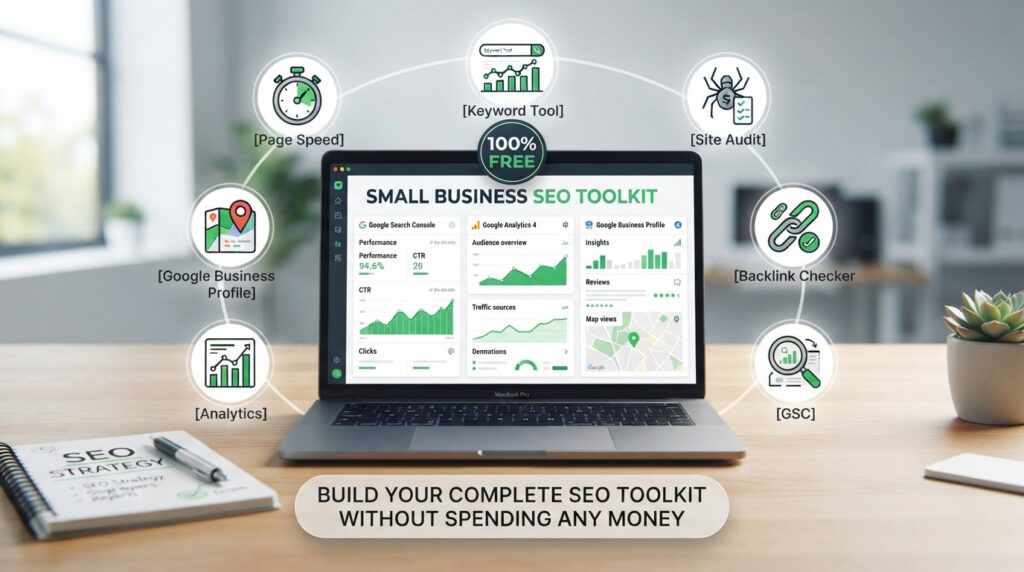 Free SEO tools for small business featured image showing laptop with Google Search Console, Analytics, and other free tool icons