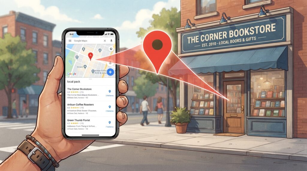Local SEO for small businesses featured image showing Google Maps pin and small business storefront with smartphone displaying local search results